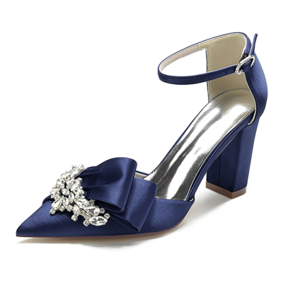 Bleu marine bout pointu strass noeud satin bride à la cheville talons sandales chaussures de mariage
