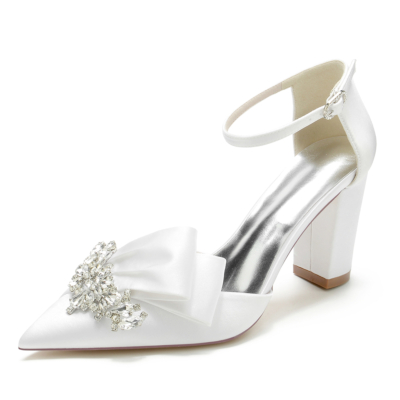 Blanc Bout Pointu Strass Arc Satin Bride Cheville Talons Sandales Chaussures De Mariage