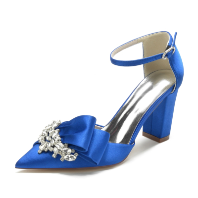 Bleu Royal Bout Pointu Strass Arc Satin Bride À La Cheville Talons Sandales Chaussures De Mariage