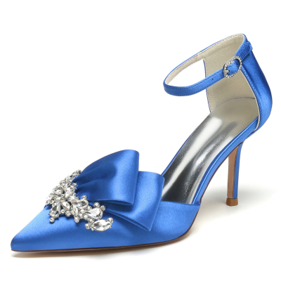 Chaussures de mariage à talons aiguilles en satin à volants et strass à bout pointu bleu royal