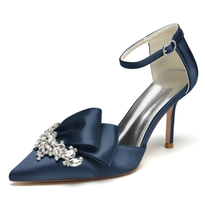 Chaussures de mariage à talons aiguilles en satin à volants et strass à bout pointu bleu marine