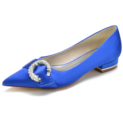 Chaussures plates en satin bleu royal à bout pointu avec strass et boucle latérale pour le travail