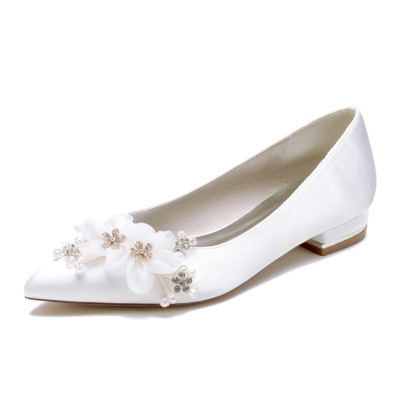 Chaussures de mariage à fleurs en dentelle plate à bout pointu blanc