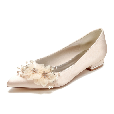 Chaussures de mariage à fleurs en dentelle plate à bout pointu Champange