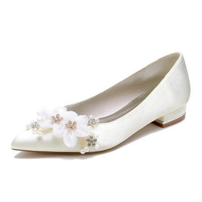 Chaussures de mariage à fleurs en dentelle plate à bout pointu ivoire