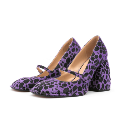 Escarpins Mary Jane à talons épais et à imprimé léopard violets, chaussures habillées en fausse fourrure à bout carré