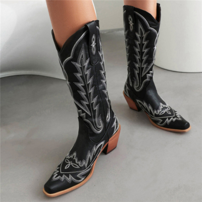 Bottes de cowboy rétro noires à bout carré et talon bloc imprimé bottes hautes au genou