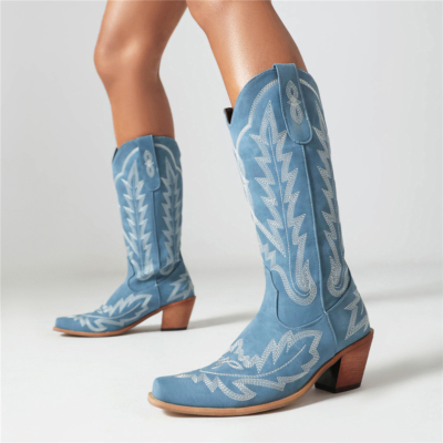 Bottes de cowboy rétro bleues à bout carré et talon bloc imprimé bottes hautes au genou