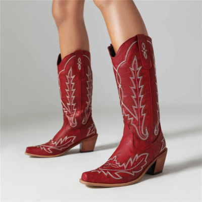 Bottes de cowboy rétro bordeaux à bout carré et talon bloc imprimé bottes hautes au genou