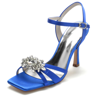 Sandales de soirée en strass bleu royal avec bride à la cheville et talon aiguille