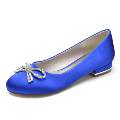 Chaussures plates de ballet en satin à bout rond avec nœud en strass bleu royal