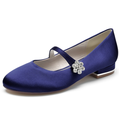 Chaussures de mariage plates Mary Jane en satin avec boucle en strass bleu marine
