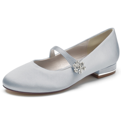 Chaussures de mariage plates Mary Jane en satin avec boucle en strass argenté