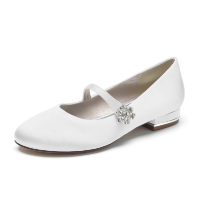 Chaussures de mariage plates Mary Jane en satin avec boucle en strass blanc
