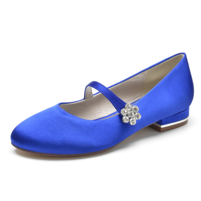 Chaussures de mariage plates Mary Jane en satin avec boucle en strass bleu royal
