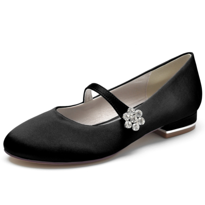 Chaussures de mariage plates Mary Jane en satin noir avec boucle en strass
