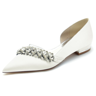 Chaussures plates D'orsay en satin transparent ornées de strass beiges pour mariage