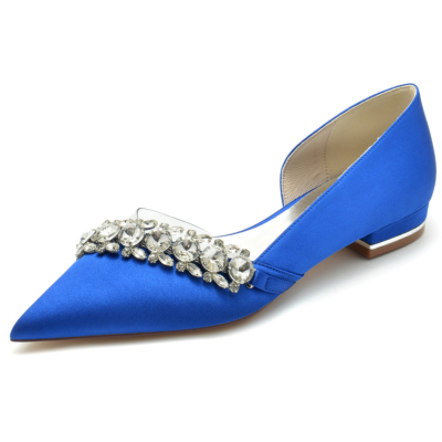 Chaussures plates D'orsay en satin transparent ornées de strass bleu royal pour mariage