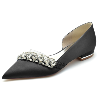 Chaussures plates D'orsay en satin transparent ornées de strass noirs pour mariage