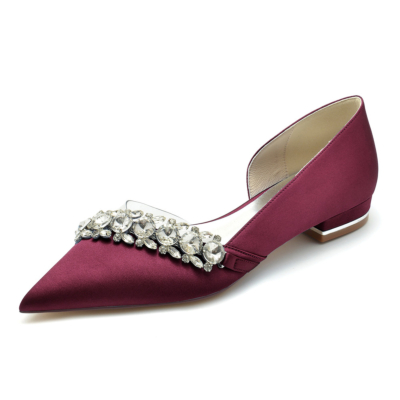 Chaussures plates D'orsay en satin transparent ornées de strass bordeaux pour mariage