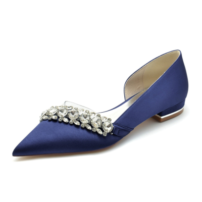 Chaussures plates D'orsay en satin transparent ornées de strass bleu marine pour mariage