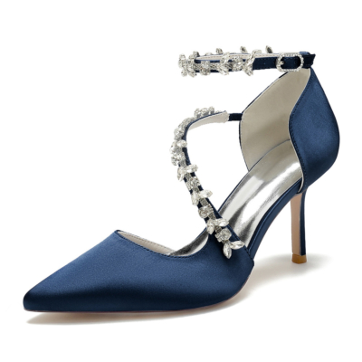 Chaussures D'orsay à brides croisées ornées de strass bleu foncé, talons aiguilles pour mariage