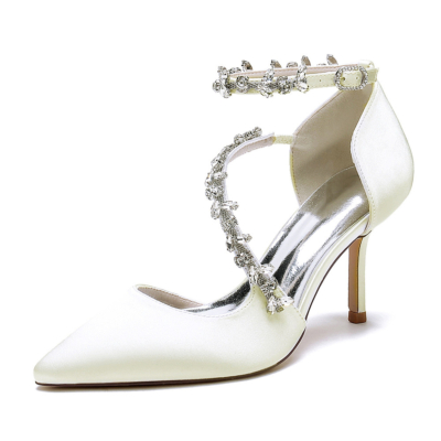 Chaussures D'orsay à bride croisée ornées de strass beiges, talons aiguilles pour mariage