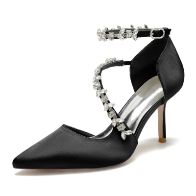 Chaussures D'orsay à bride croisée ornées de strass noirs, talons aiguilles pour mariage