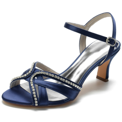 Sandales en satin évidées ornées de strass bleu marine Chaussures à talons blocs