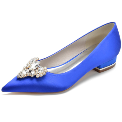 Chaussures plates en satin ornées de strass bleu royal pour la danse