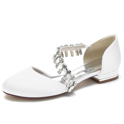 Chaussures de mariage plates en satin à bout rond et franges en strass blanc