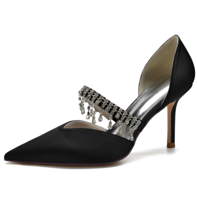 Escarpins D'orsay à talons aiguilles et franges en strass noirs Mary Jane Shoes