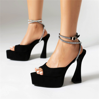 Sandales à plateforme à lacets et strass noirs, chaussures de soirée à talons bobine