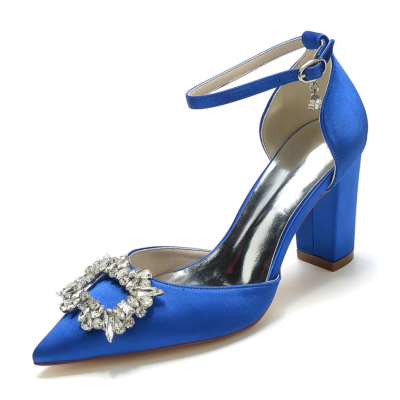 Strass bleu royal bout pointu talon épais bride à la cheville pompes chaussures de mariage en satin