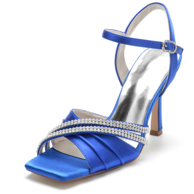 Strass Bleu Royal Stain Ruffle Open Toe Stiletto Ankle Strap Sandals pour Mariage