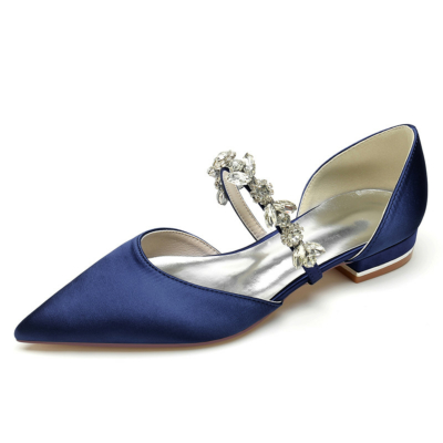 Chaussures plates D'orsay à bride en strass bleu marine Escarpins plats en satin de mariage