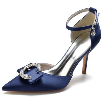 Chaussures D'orsay à talons en satin avec boucle circulaire et strass bleu marine