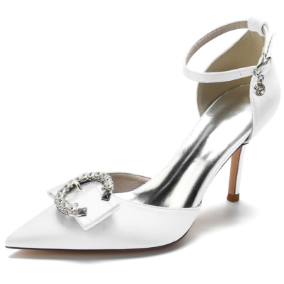 Chaussures D'orsay à bride de cheville à talons en satin blanc avec boucle circulaire et strass