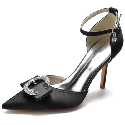 Chaussures D'orsay à bride de cheville à talons noirs avec boucle circulaire et strass