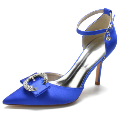 Chaussures D'orsay à talons en satin à boucle circulaire avec strass bleu royal