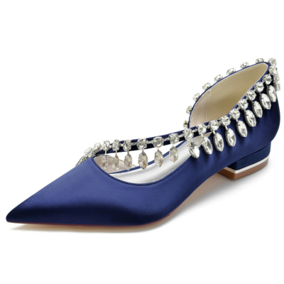 Chaussures plates en satin à bride croisée en strass bleu marine D'orsay pour femmes