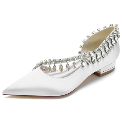 Chaussures plates en satin blanc avec strass croisés D'orsay pour femmes