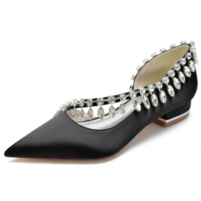 Chaussures plates en satin noir avec strass croisés D'orsay pour femmes