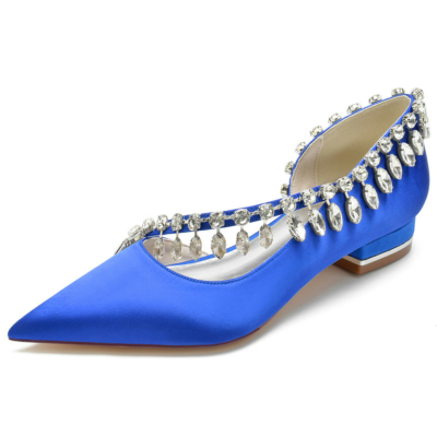 Chaussures plates D'orsay en satin bleu royal avec strass croisés pour la danse