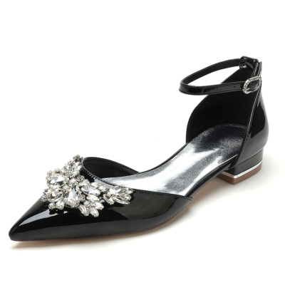 Strass noirs D'orsay Flats Anke Strap Robes confortables Escarpins Chaussures