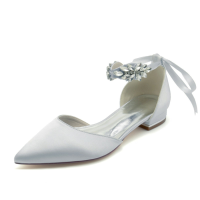 Chaussures plates D'orsay en satin gris à lacets ornées de strass