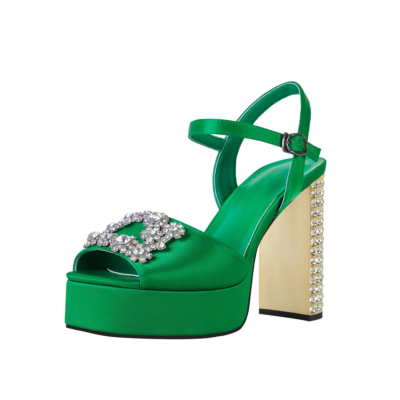 Sandales à plateforme en satin vert avec strass, bijoux, talons épais, boucle, sandales de fête