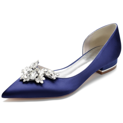 Chaussures plates en satin à bout pointu et strass bleu marine, chaussures habillées à bijoux coupées sur le côté