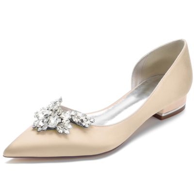 Chaussures plates en satin à bout pointu et strass champagne, chaussures habillées à bijoux coupées sur le côté