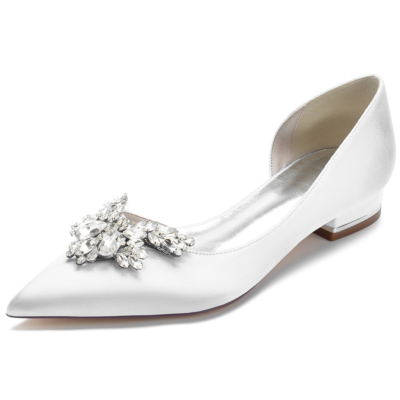 Chaussures plates en satin à bout pointu et strass blancs, chaussures habillées à bijoux coupées sur le côté
